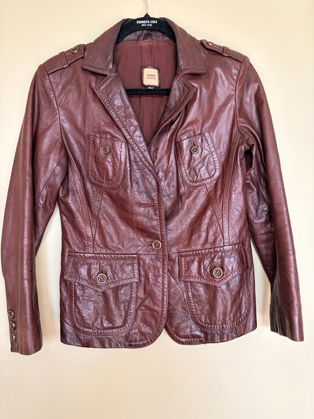 Gian Luca Brown Leather Blazer Size M Vintage Look Utility Jacket Chocolate Cogn